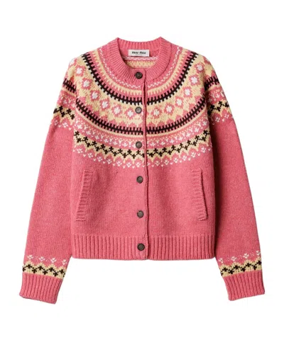 Miu Miu Wool Fair Isle Cardigan In Pink