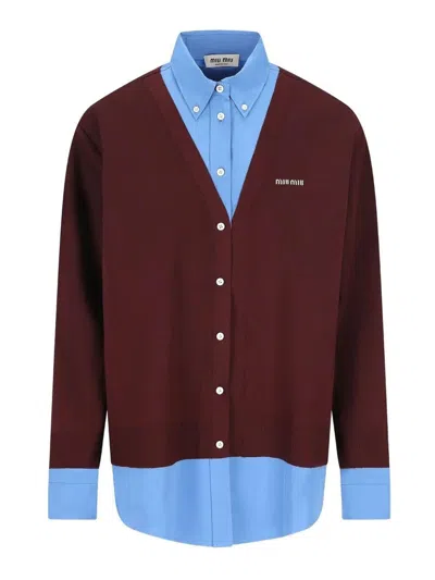 Miu Miu Wool Cardigan With Cotton Details In Multi
