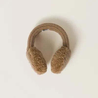 Miu Miu Wool, Cashmere And Shearling Ear Muffs In Camel Brown