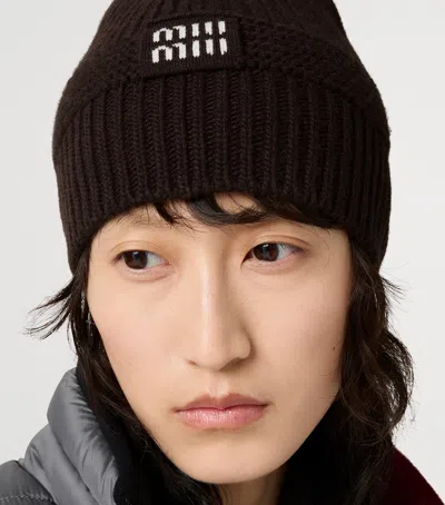 Miu Miu Wool-cashmere-blend Logo Beanie In Brown