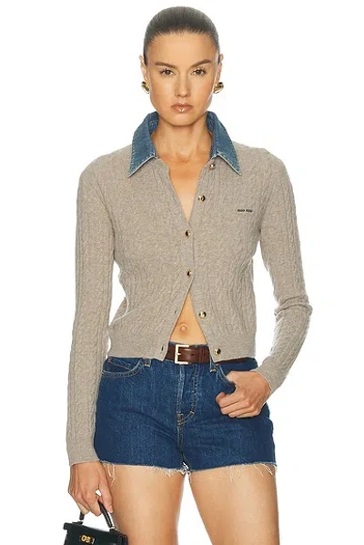 Miu Miu Wool Cashmere Chambray Cardigan In Sand