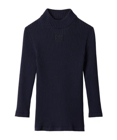 Miu Miu Wool Embroidered Logo Sweater In Blue