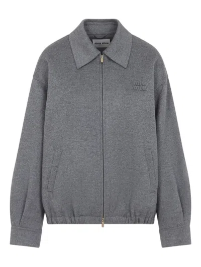 MIU MIU MIU MIU WOOL JACKET WITH EMBROIDERED LOGO