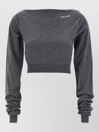Miu Miu Wool Knit Boat Neck Cropped Top In Gray
