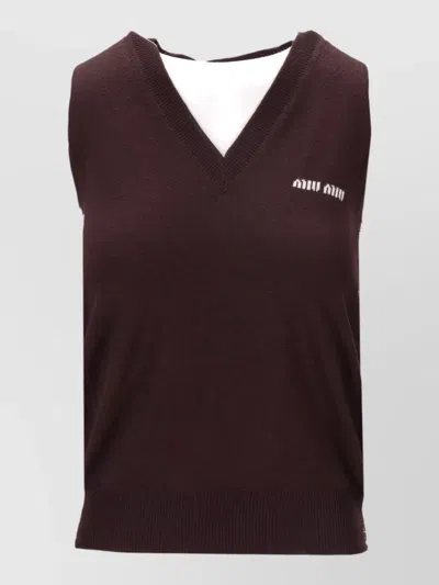Miu Miu Wool Knitwear V Neck Sleeveless Top In Black
