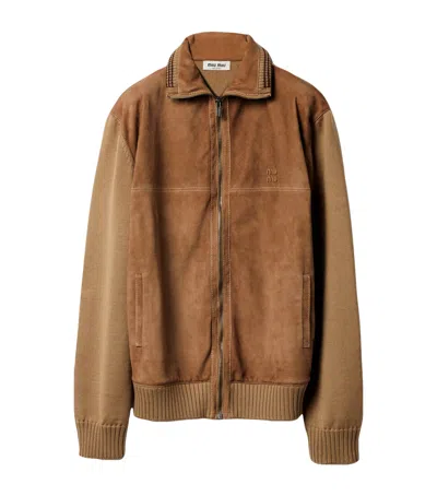 Miu Miu Wool-leather Zip Cardigan In Brown