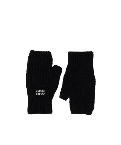 Miu Miu Wool Logo Gloves In Black