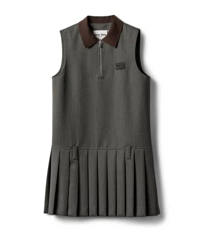 Miu Miu Wool Pleated Mini Dress In Brown