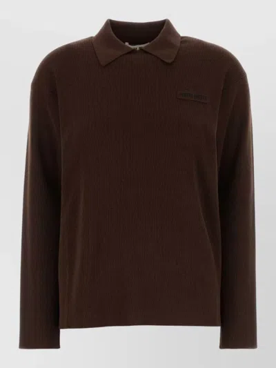Miu Miu Wool Polo Shirt Collared Design Long Sleeves In Brown