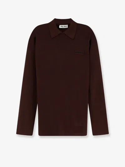 Miu Miu Wool Polo Shirt With Embroidered Logo On The Front In Brown