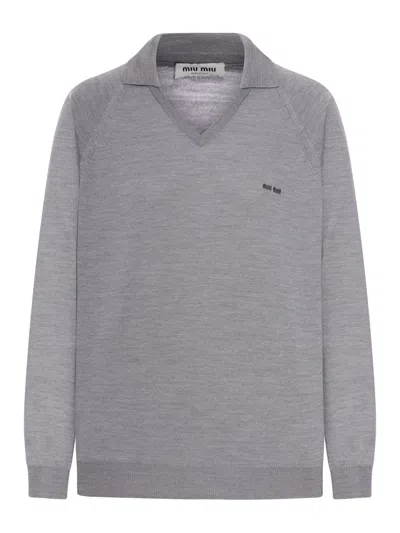 Miu Miu Wool Polo Sweater In Gray