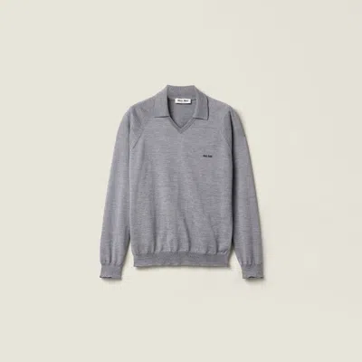 Miu Miu Intarsia Collared Sweater In Gray