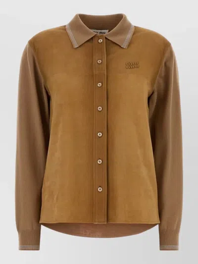 Miu Miu Wool Suede Collared Cardigan Ribbed Cuffs In Brown
