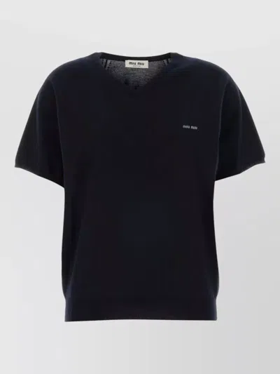 Miu Miu Wool Sweater Short Sleeves V Neck In Black