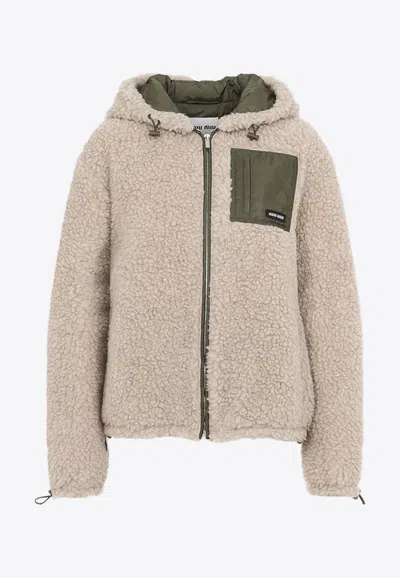 Miu Miu Wool Teddy Hooded Jacket In Neutral