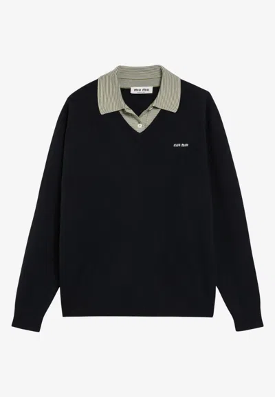 Miu Miu Wool-blend Collared Sweater In Blue