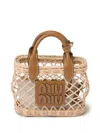 Miu Miu Woven Fabric Handbag With Leather Trim In Braun
