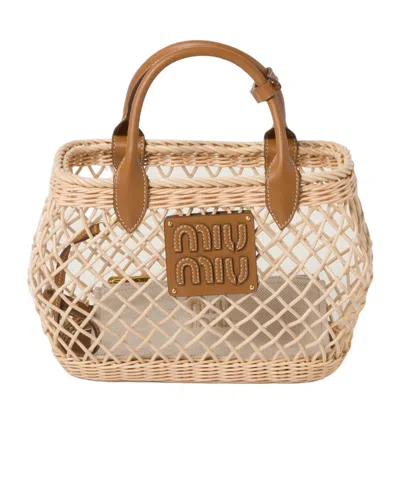 Miu Miu Woven Fabric Handbag With Leather Trim In Nude