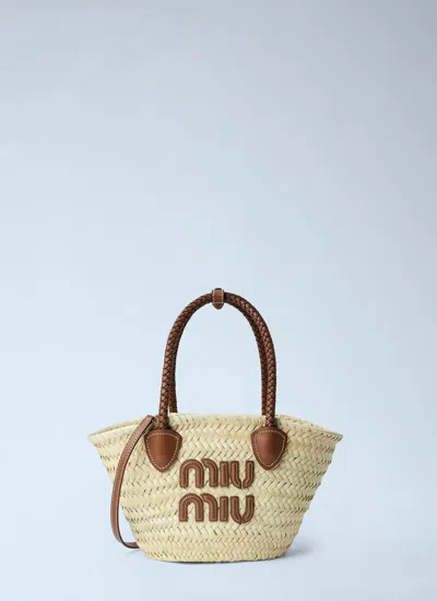 Miu Miu Woven Logo-patch Tote Bag In Neutral