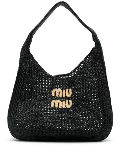 Miu Miu Woven Hobo Bag In Black  