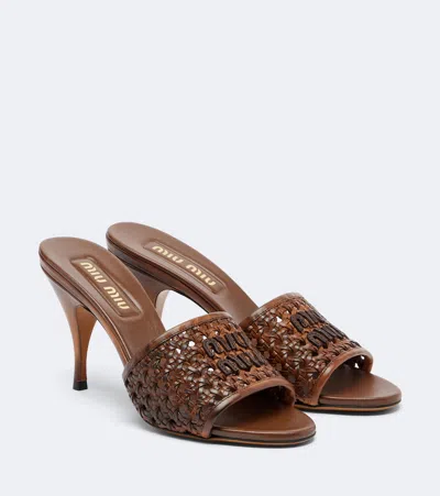 Miu Miu Woven Leather Mules In Brown