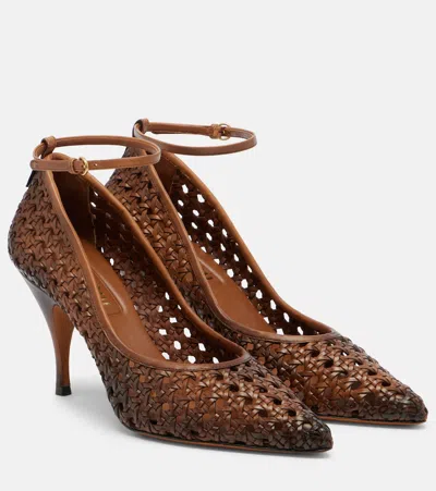 Miu Miu 80 Woven Leather Pointed Pumps In Brown
