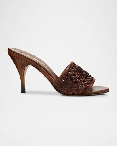 Miu Miu Woven Leather Stiletto Sandals In Brown