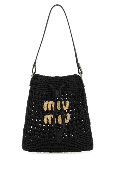 Miu Miu Woven Logo Drawstring Tote Bag In Black