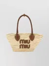Miu Miu Woven Palm Shopping Tote With Braided Handles In Gold