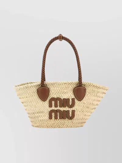 Miu Miu Woven Palm Shopping Tote With Braided Handles In Gold