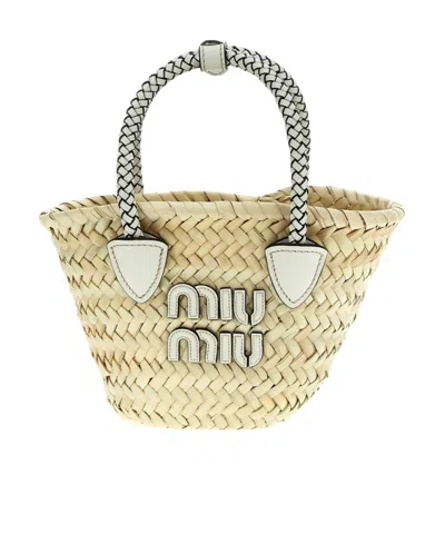 Miu Miu Woven Raffia Basket Tote Bag In Nude