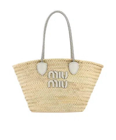 Miu Miu Woven Raffia Beach Bag In Nude