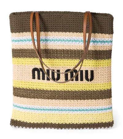 Miu Miu Woven Raffia-effect Tote Bag In Tundra/lemon Yellow/natural Colour