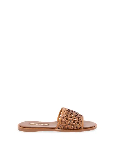 Miu Miu Woven Slide Sandals In Brown