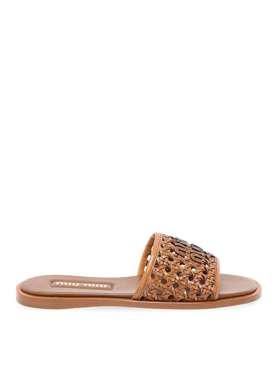 Miu Miu Woven Slide Sandals In Brown