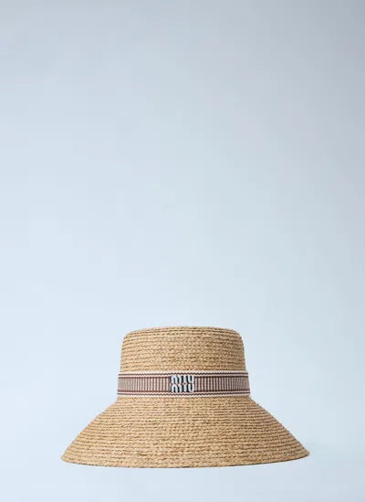 Miu Miu Woven Straw Hat With Logo Band In Brown