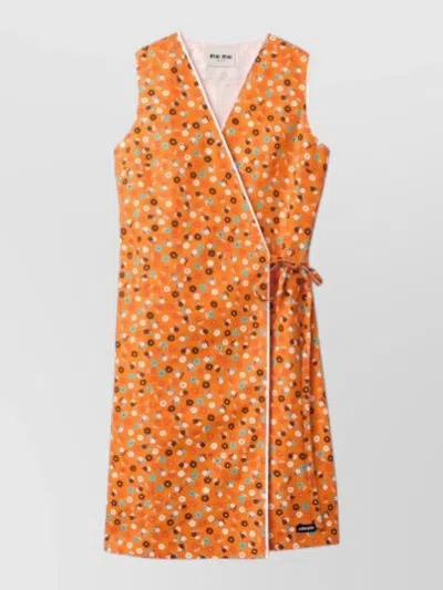 Miu Miu Wrap Dress Knee Length Floral V Neckline Sleeveless In Orange