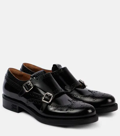 Miu Miu Brushed Leather Monk Brogue Shoes In Nero