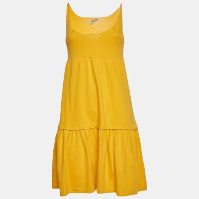 Pre-owned Miu Miu Yellow Cotton Knit Tiered Sleeveless Mini Dress Xs