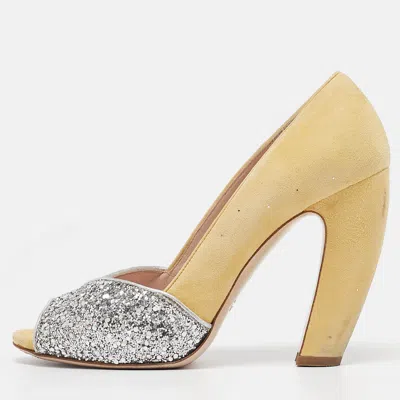 Pre-owned Miu Miu Yellow Glitter And Suede Block Heel Pumps Size 38.5