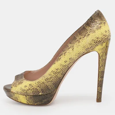 Pre-owned Miu Miu Yellow/beige Python Embossed Leather Peep Toe Pumps Size 39.5