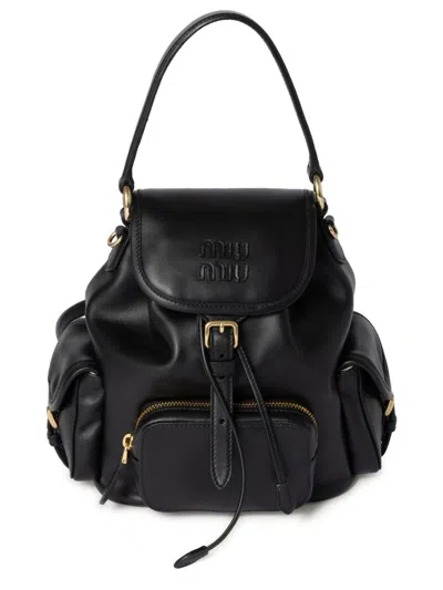Miu Miu Multi-pocket Leather Backpack In Black
