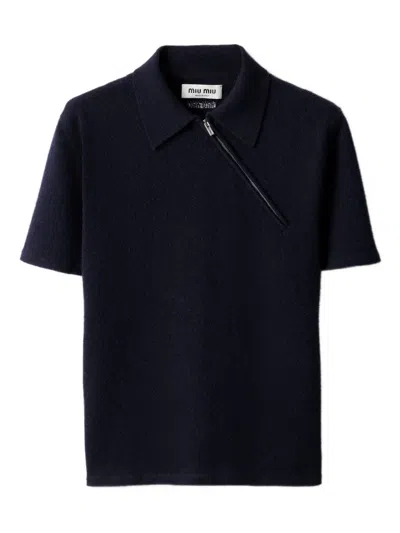 Miu Miu Zip-front Ribbed Knit Sweater In Blue