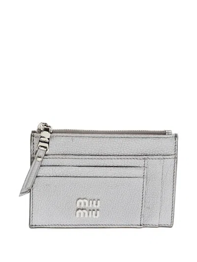 Pre-owned Miu Miu Zip Leather Card Holder In Silver