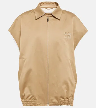 Miu Miu Zip-up Cotton Twill Vest In Brown