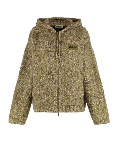 Miu Miu Long-sleeved Hooded Knitted Sweater In Brown