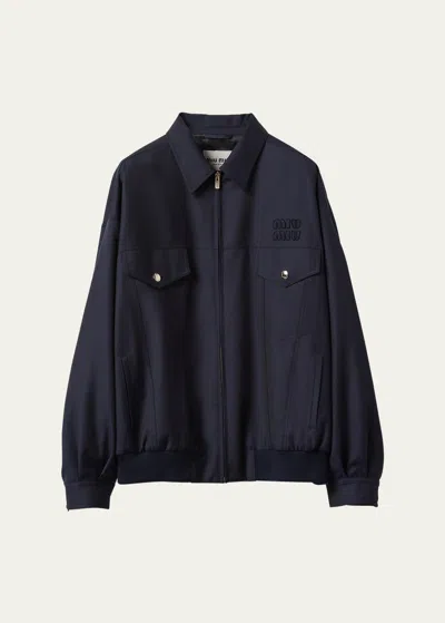 Miu Miu Zip-up Wool Bomber Jacket With Logo Detail In F0008 Bleu