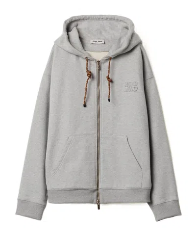 Miu Miu Zipped Drawstring Hoodie In Gray