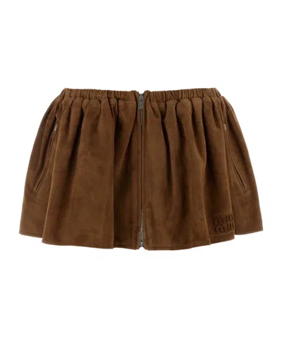 Miu Miu Camel Suede Mini Skirt In Brown