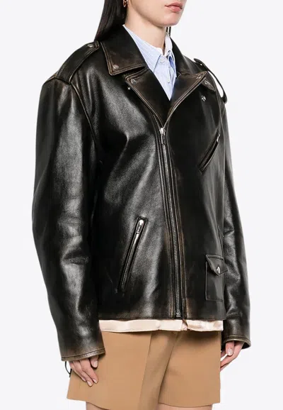 Miu Miu Zip-up Leather Biker Jacket In Black